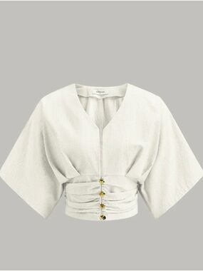 Commense Cotton & Linen Kimono White Sleeve Button Top - XS